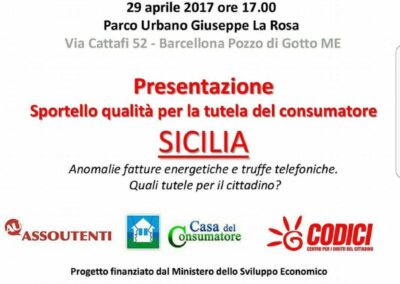 CODICI: sabato 29 aprile 2017 a Barcellona Pozzo di Gotto sarà presentato lo Sportello Qualità per la tutela del consumatore